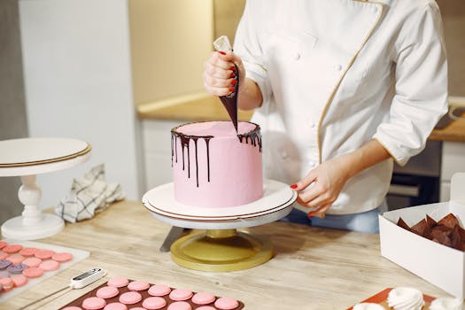 Pâtissier décorant un gâteau rose avec du chocolat fondu sur un plan de travail en bois.